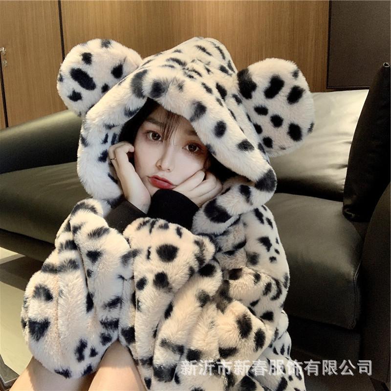 

Плюшевая куртка женская зимняя одежда искусственный мех леопардовый принт мех мех интегрированное пальто с капюшоном овечья шерсть утолщенная хлопковая одежда XL цветной печати леопарда