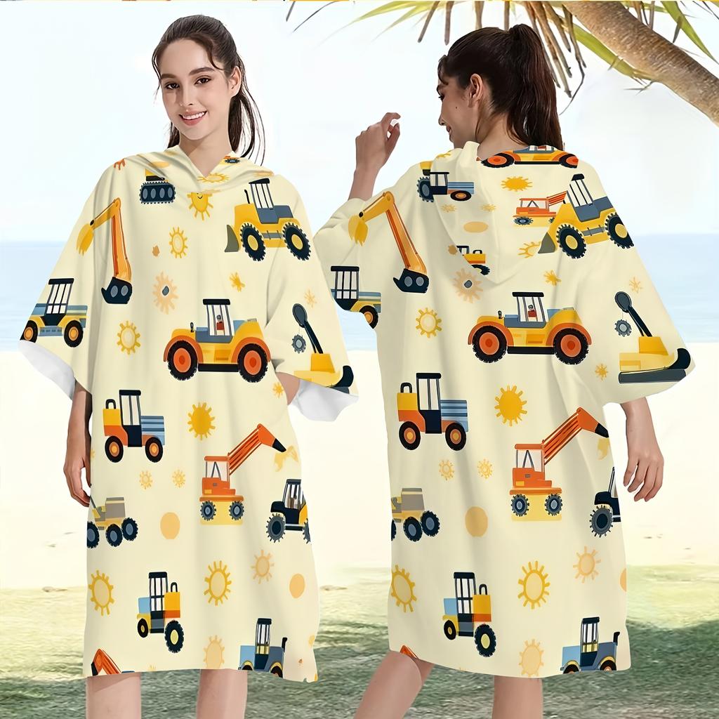 Construction Vehicle Hooded Towel Single Sided Print Soft Microfiber Absorbent Beach Towel For Pool Beach Bath Time Playful Gift