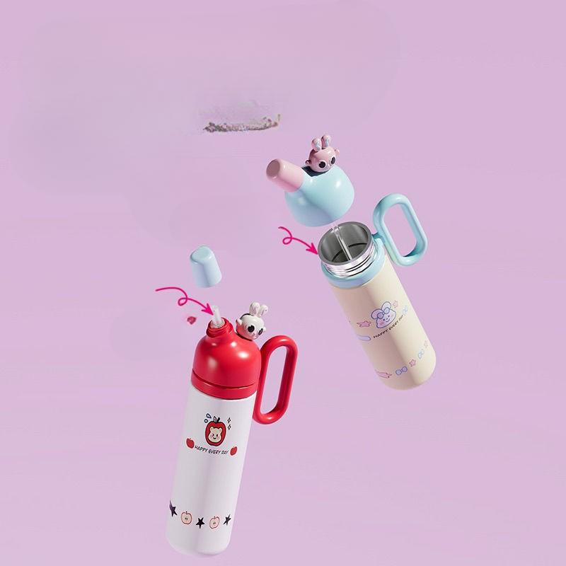 New High Appearance Horizontal Straw Cup Cartoon Portable Large Capacity Thermos Cup Student Office Stainless Steel Water Cup