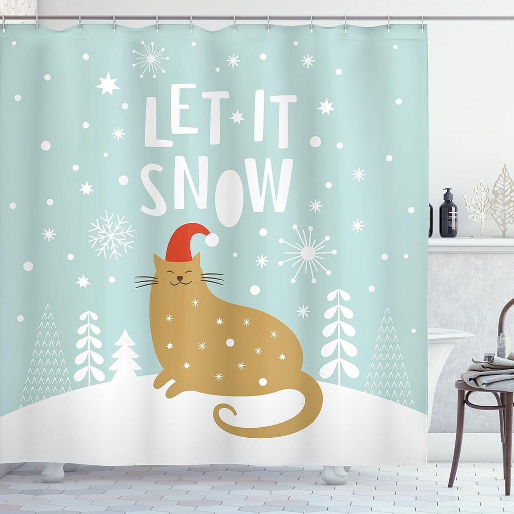 Rideau de douche de Noël, Boules Style Vintage Design Célébration Saison Hivernale Thème Merveilleux Flocons de neige, Tissu Tissu Salle de bain