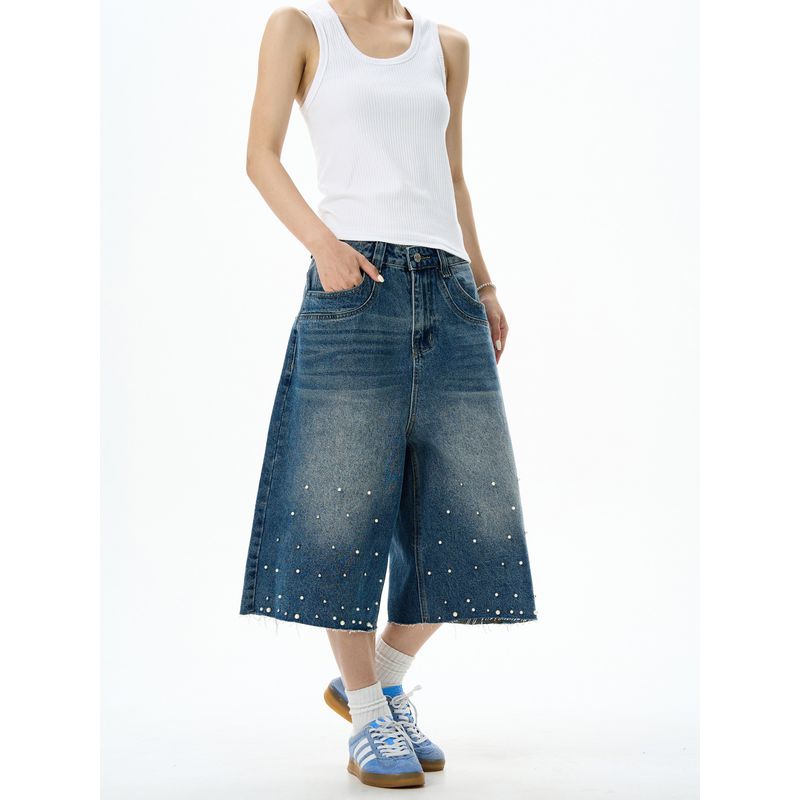 Summer American-Style Beaded Washed Distressed Raw Hem Denim Shorts for Men and Women, Loose Straight-Leg Mid-Length Pants with a Sense of Design