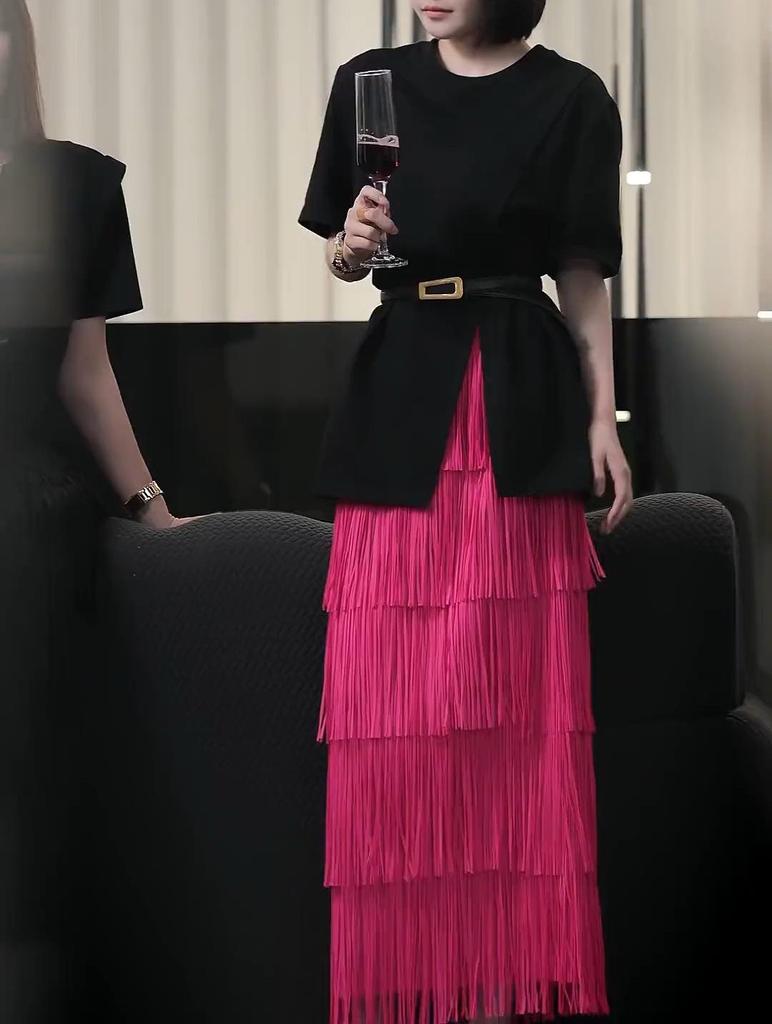 Miyake High-End Women's Tassel Layered Midi Skirt - Versatile & Slimming