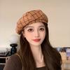 Women Winter Beret Plaid Print Contrast Color Elastic Adjustable Soft Warm Decorative Dome Lady Cap Painter Hat
