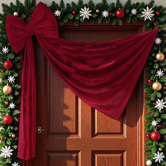 Christmas Bow Tree Topper Ornament Burgundy Velvet Wreath Bows Christmas Hanging Ribbon Gift Bows for Holiday Home Wall Outdoor Party Decoration