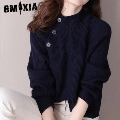 Autumn Winter Thick Core Yarn Simple Design Sense Shoulder Half Turtleneck Loose Knit Sweater Sweater Women