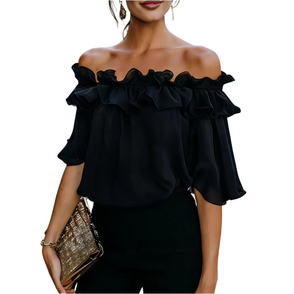 Blusa Estiva da Donna a Spalle Scoperte con Volant e Maniche Corte, Taglio Ampio Casual per Uso Quotidiano e Vacanze