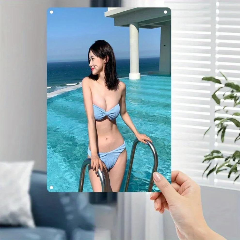 Wall Poster Metal Art - Korean Beauty Model & Bikini Poolside Wall Decor for Home Bar Cafe