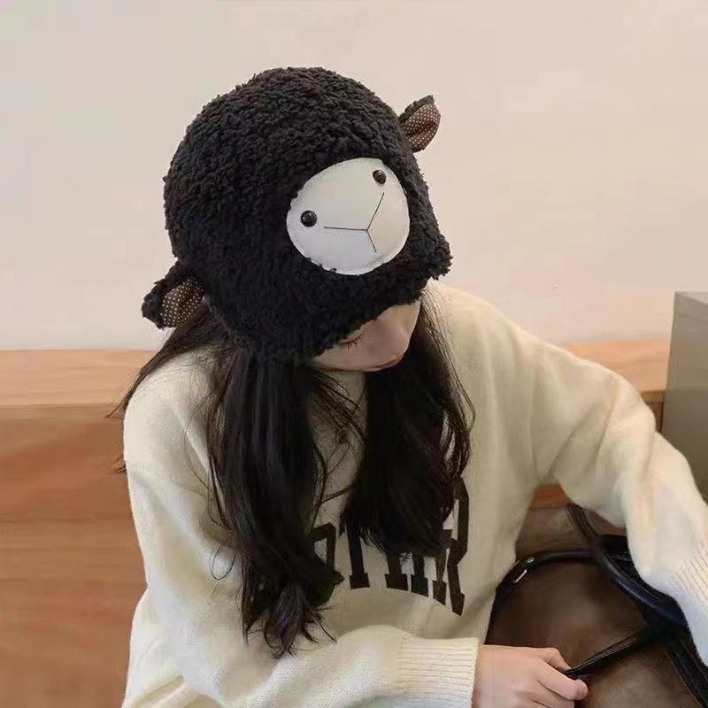 Cute bear wool hat women's winter plush warm fluffy autumn and winter big head circumference knitted hat