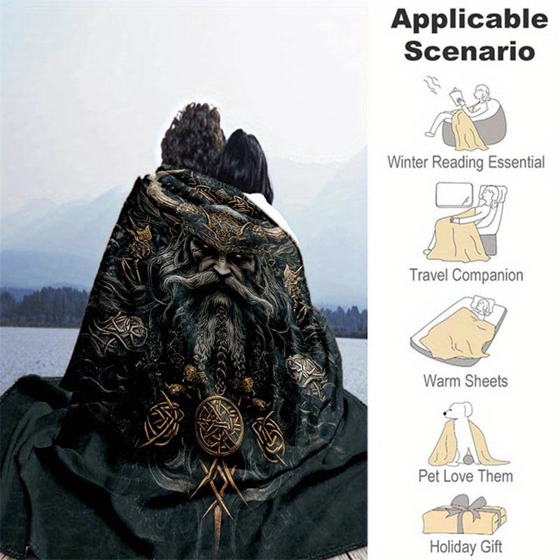 Dark Fantasy Style Viking Head Pattern Printed Blanket, Suitable for Sofa, Bed, Camping, Office, Travel Gift Blanket, All-season Multi-purpo
