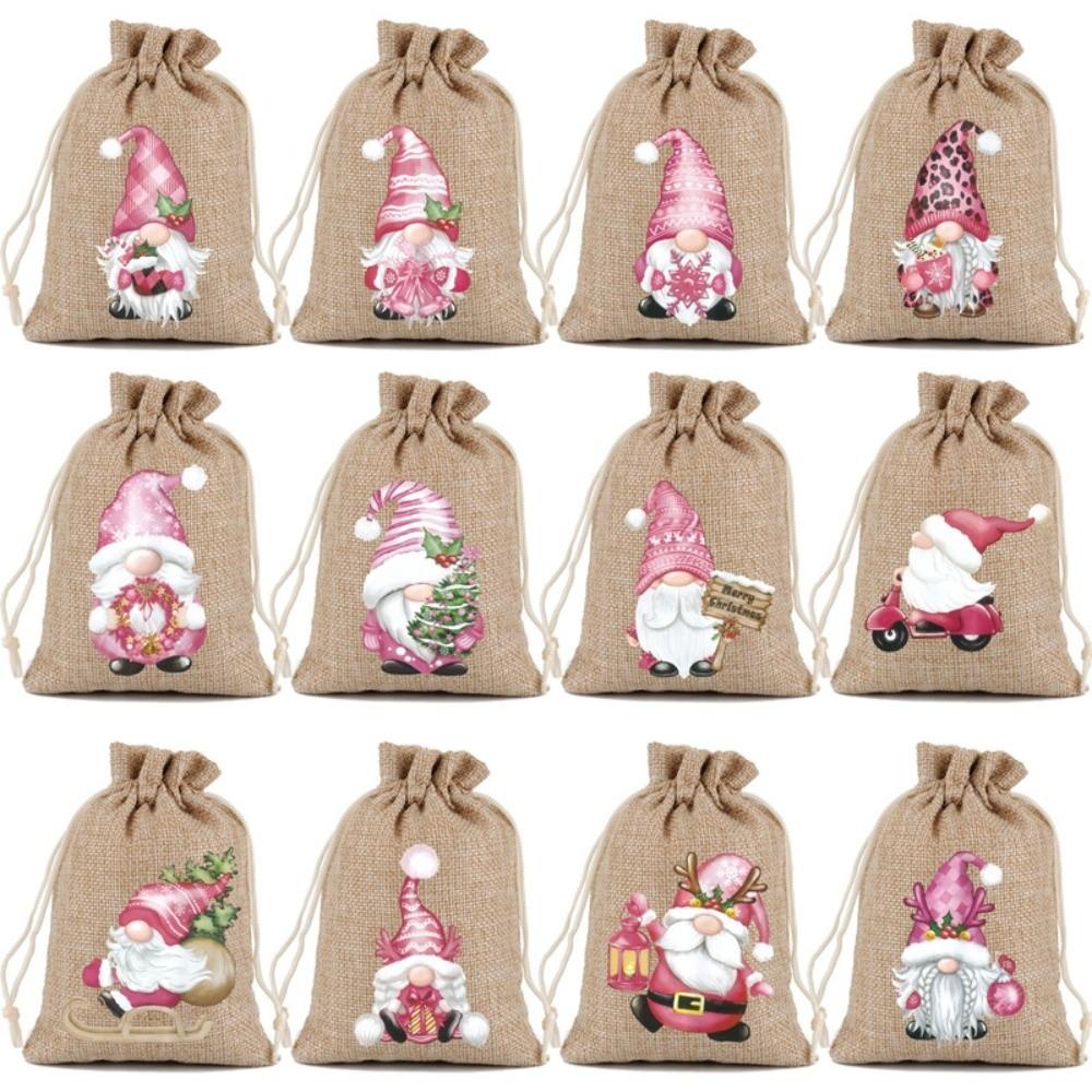 12PCS Cartoon Dwarf Christmas Gift Packaging Bag Vintage Cute Christmas Drawstring Gift Bags Reusable Drawstring Candy Bags