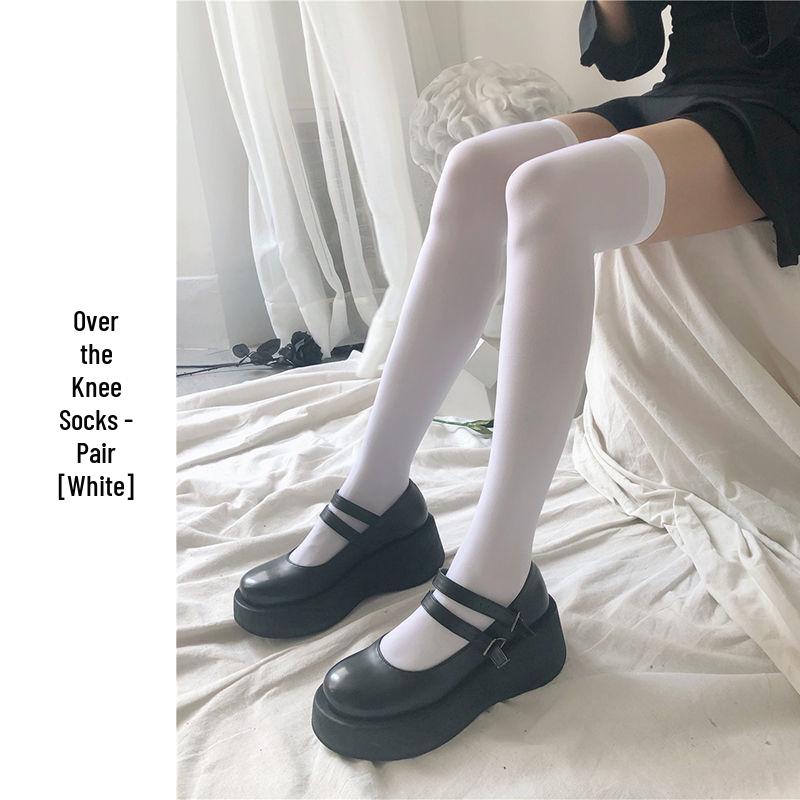 Japanese-Style White Silk Bow Knee-High Stockings