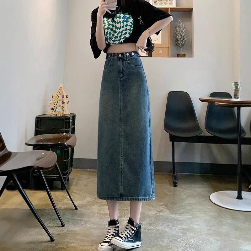 Women's Black A-Line Retro Denim Midi Skirt - High Waist Slimming Style for Spring & Autumn 2025