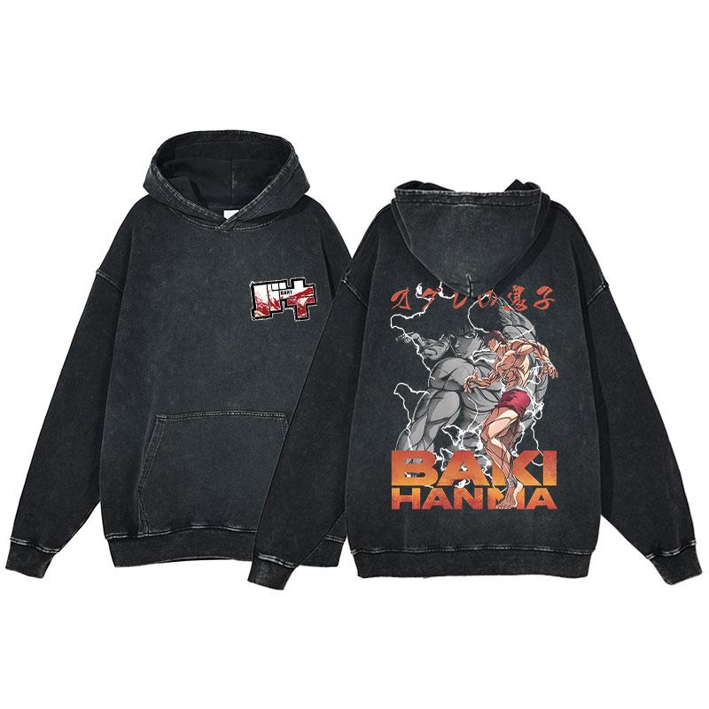 Hot Anime Baki Hanma Graphic Print Men Women Vintage Hoodies Washed Cotton Streetwear Harajuku Unisex Casual Loose Sweatshirt