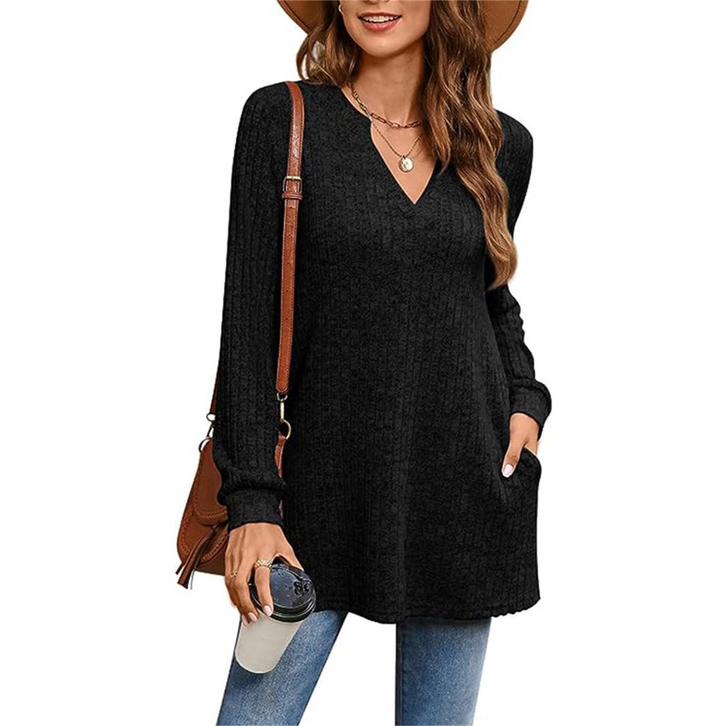 Women' Casual Solid Color V-neck Loose Long-sleeved Top