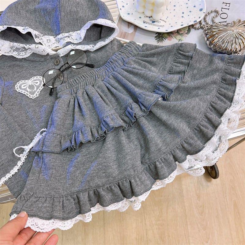 Spring Girls' Lace Hooded Sweatshirt & Skirt Set