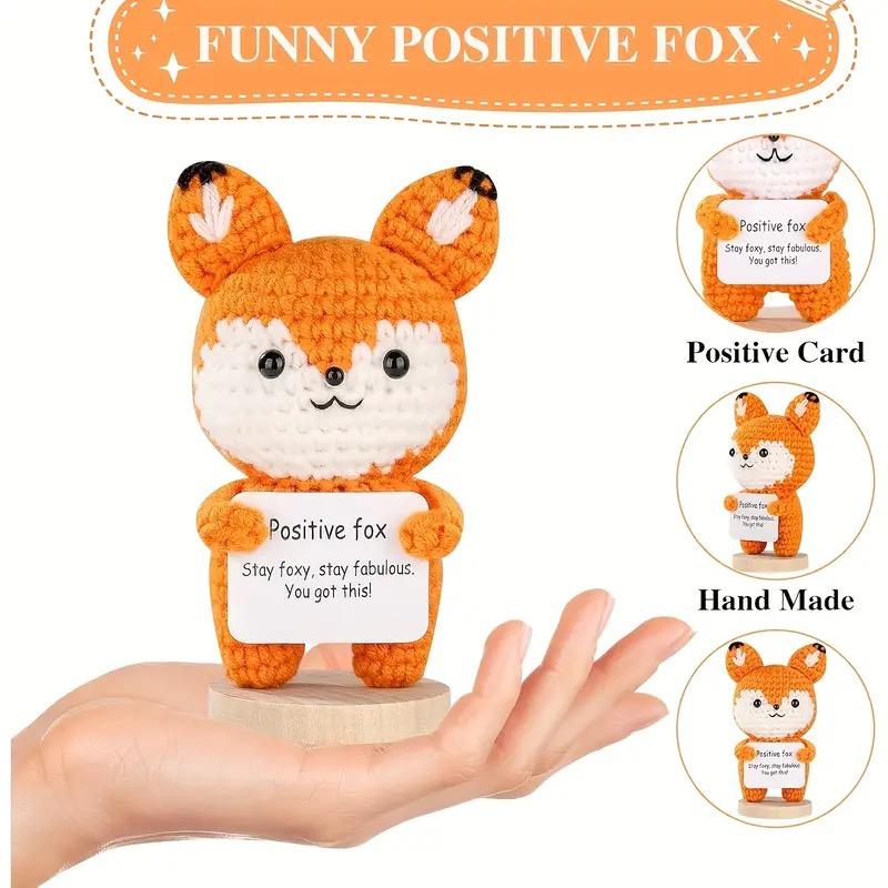Handmade Crochet Positive Fox Figurine with Inspirational Message Card Cute Orange and White Knit Fox for Home Emotional Support