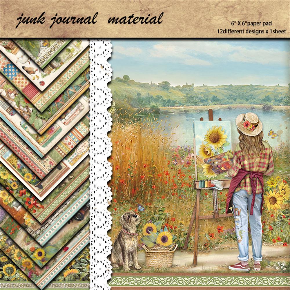 12 Sheets Retro Sunflower Art Journal: European & American Collage DIY Material Paper Stickers