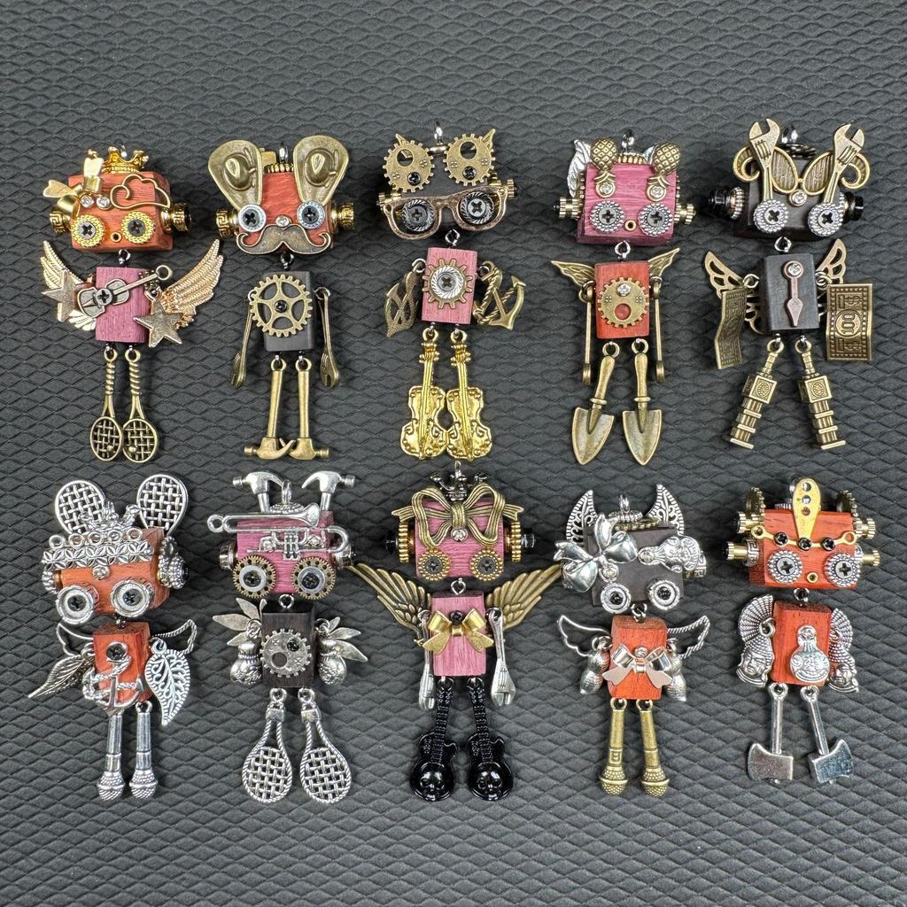 Handmade Punk Robot Pendant Wooden Head Body Hammer Shovel Axe Microphone Badminton Racket Keychain Necklace Pendant
