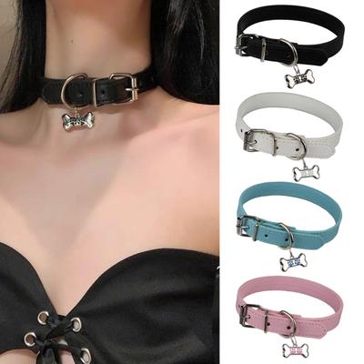 Women Choker Necklace Bone Charm Multi Holes Adjustable Length Metal Buckle Artificial Leather Short Necklace