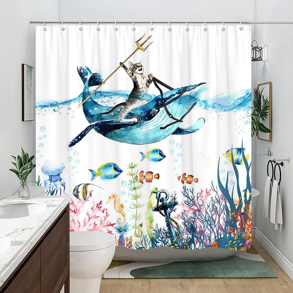 Funny Cat In Bathtub Bathing Cartoon Kids Shower Curtain Tyrannosaurus Rex Wave Polyester Fabric Shower Curtains Bathroom Decor