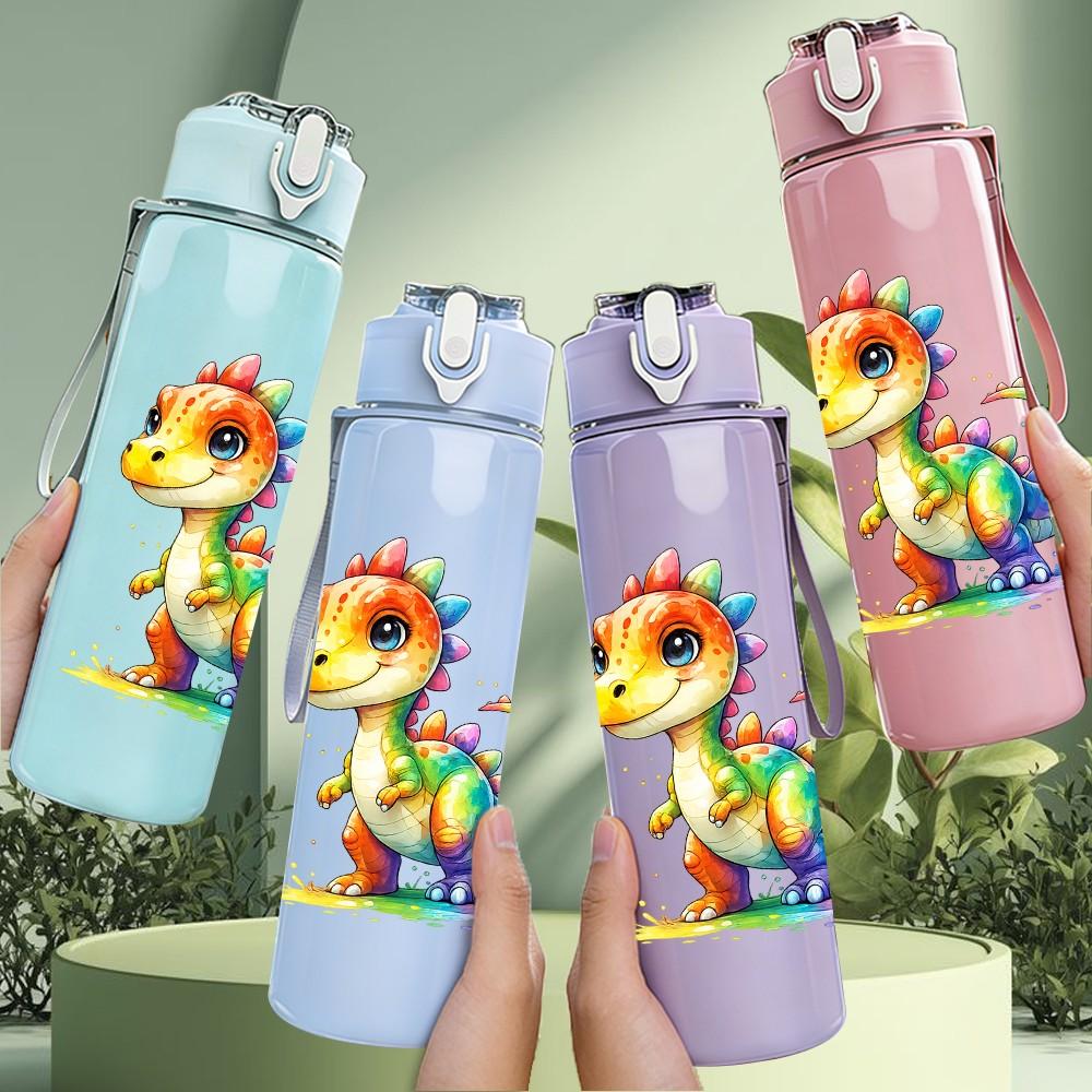 1PC Colorful Baby Dragon Cartoon Print 750ml Color Plastic Sports Water Bottle Leakproof Flip Straw Lid Suitable for Sports Office Home Use