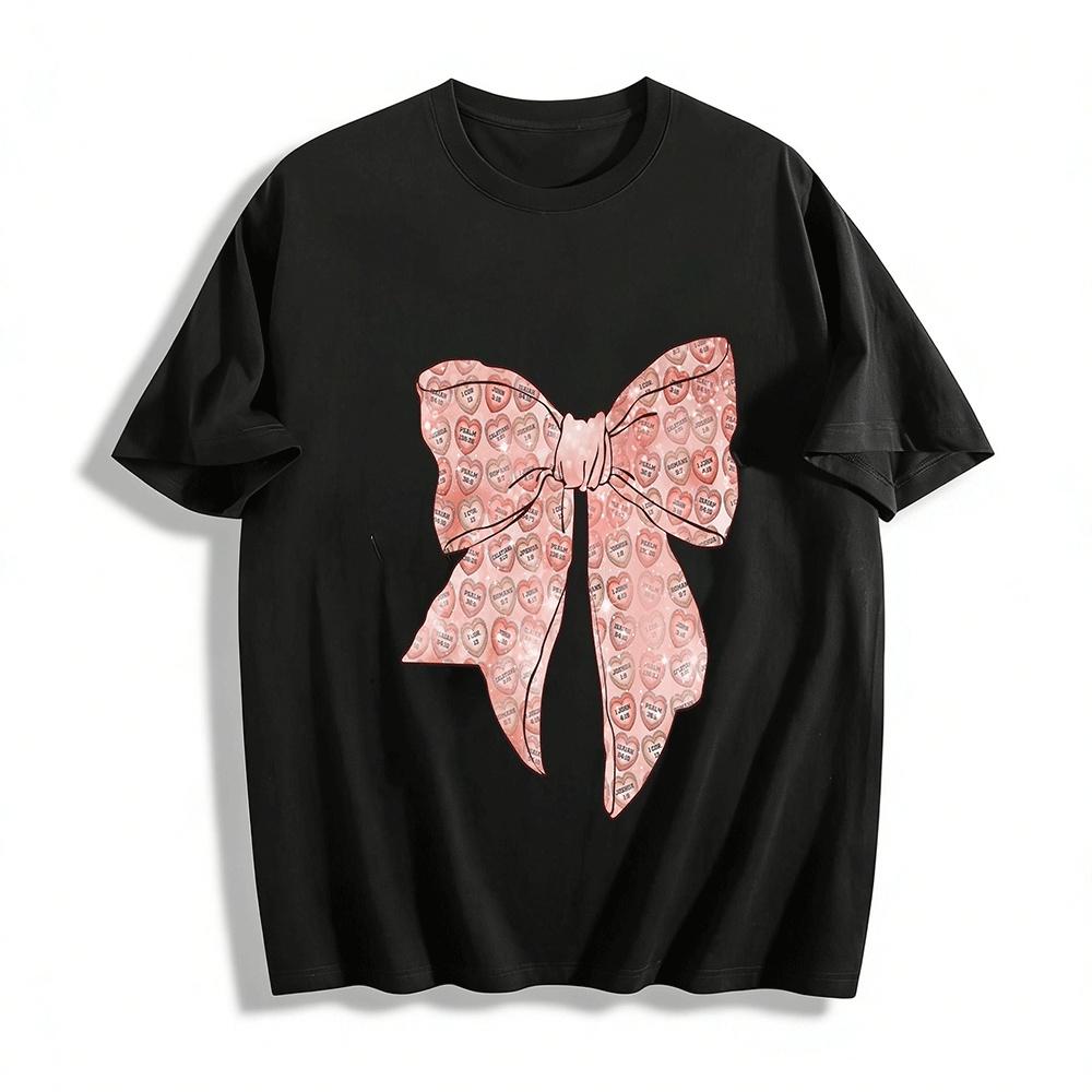 Heart Scripture Print Bow Pattern Casual Top Pure cotton T-shirt XXS