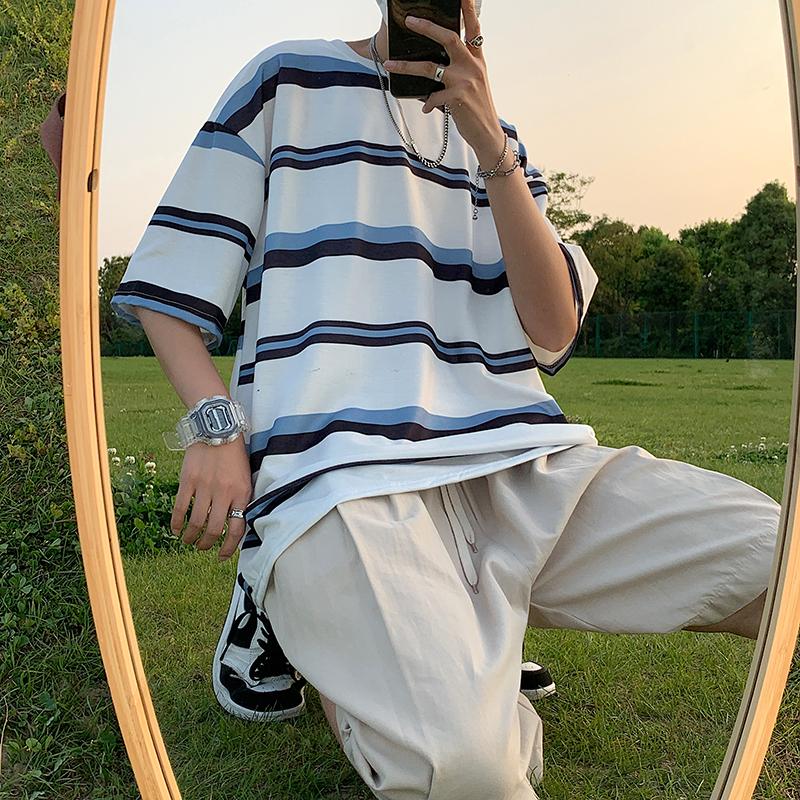 Short Sleeve 3d Printed T-shirt Men's Summer New Korean Style T-shirt Men's Round Neck Loose Half Sleeve Men's Fashion Stripe Shirts