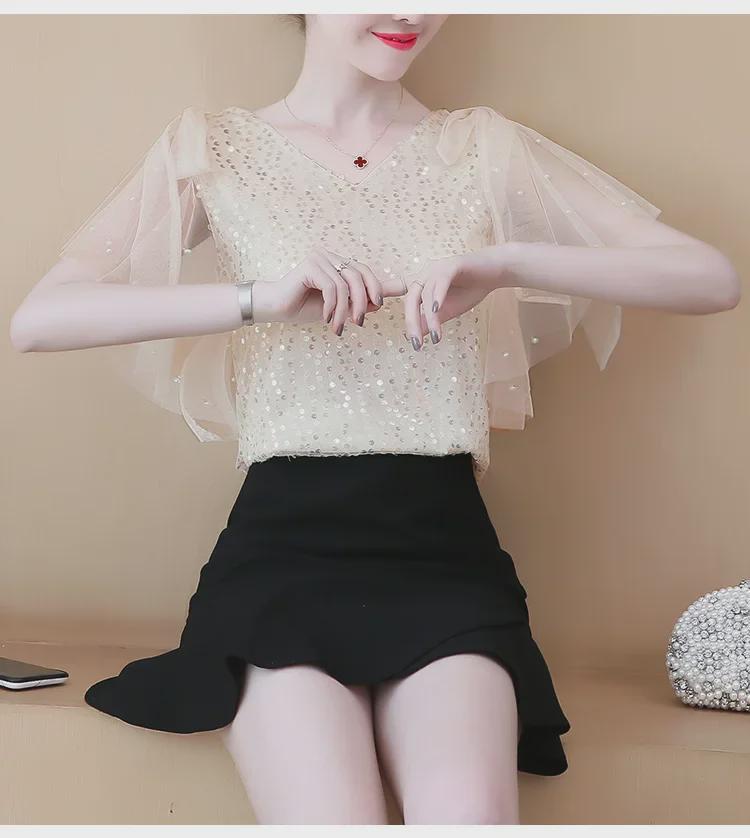 Women's Short Sleeve Sequined Chiffon V-Neck Shirt - Elegant, Fashionable, Loose Fit Top for Mature, Fairy-Inspired Summer Style