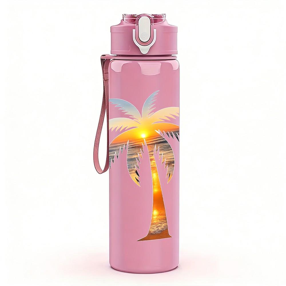 1PC Tropical Palm Tree Island Summer Print 750ml Color Plastic Sports Water Bottle Leakproof Flip Straw Lid Suitable for Sports Office Home Use
