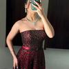 Burgundy elegant one-word shoulder straps A-word evening dress celebrity temperament wedding bridesmaid dress LA11119