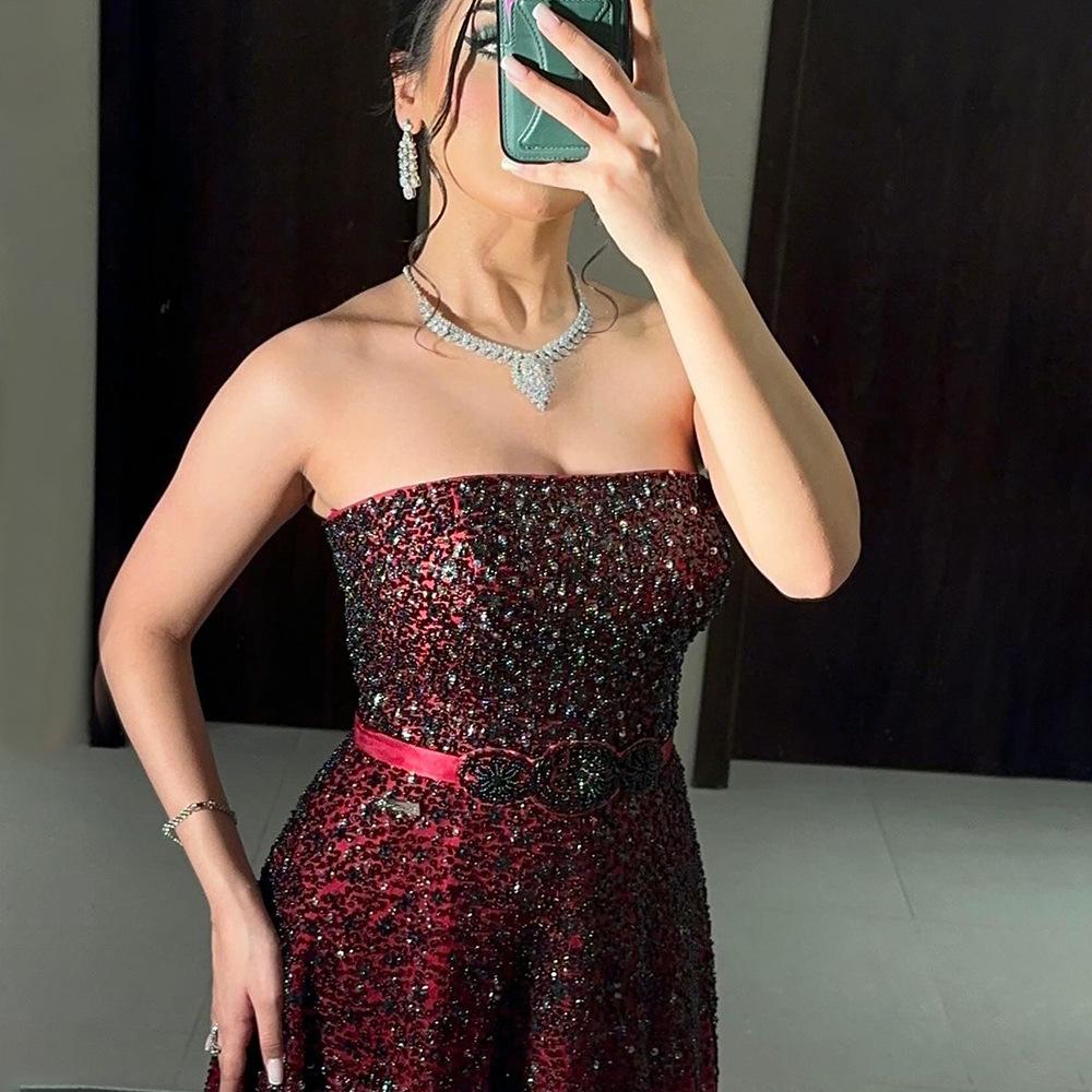 Burgundy elegant one-word shoulder straps A-word evening dress celebrity temperament wedding bridesmaid dress LA11119