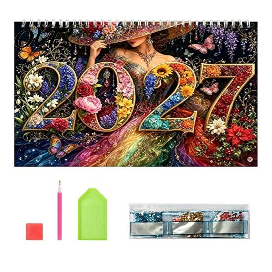 Stationery for New Year 2027 DIY Faux Diamond Art Hanging Calendar, Rhinestone Painting Illustration Seasonal Numbered Projects Theme Spiral