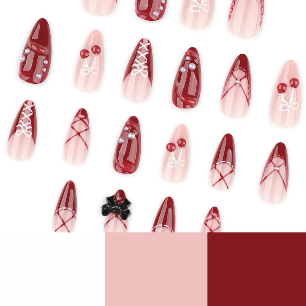 French Red 3D Wearing Nail Sweet Manicure Nail Piece Cherry Bow Wearing Fake Nail Piece