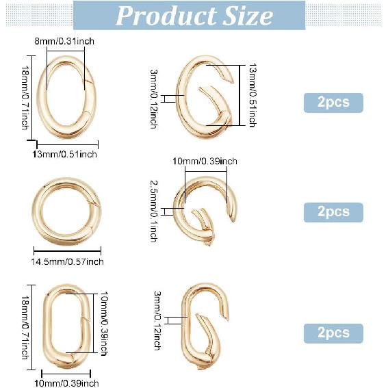 BENECREAT 6 Pcs 3 Styles Real 18K Gold Plated Oval Clasp Spring Clasp, Brass Metal Spring Gate Rings for Keychains Making