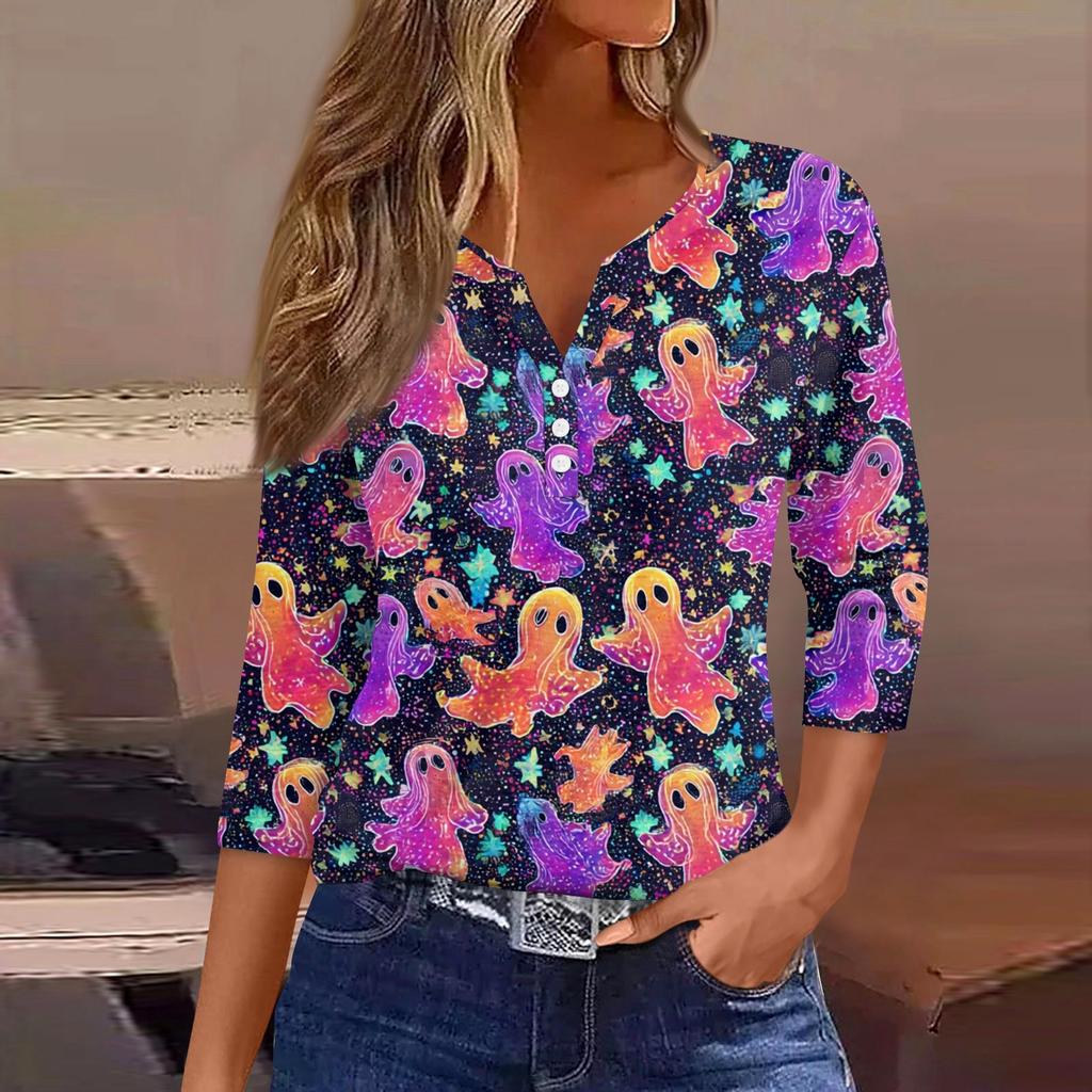 Women's T Shirt Tee Print Button  3/4 SleeveDaily Weekend Fashion Basic V- Neck Regular Top