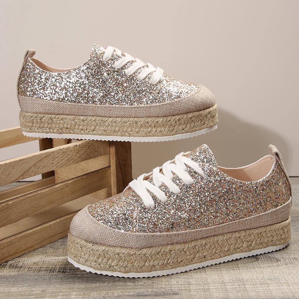 Ladies Shoes 2024 High Quality Lace Up Women's Vulcanize Shoes Autumn Round Toe Sequins Solid Platform Casual Plus Size Shoes
