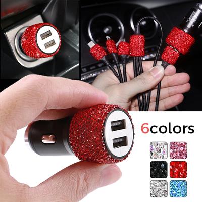 Bling Crystal 12V Car Charger Dual Port Fast Adapter Car Cigarette Lighter Extension Cord Car Accessories Interior