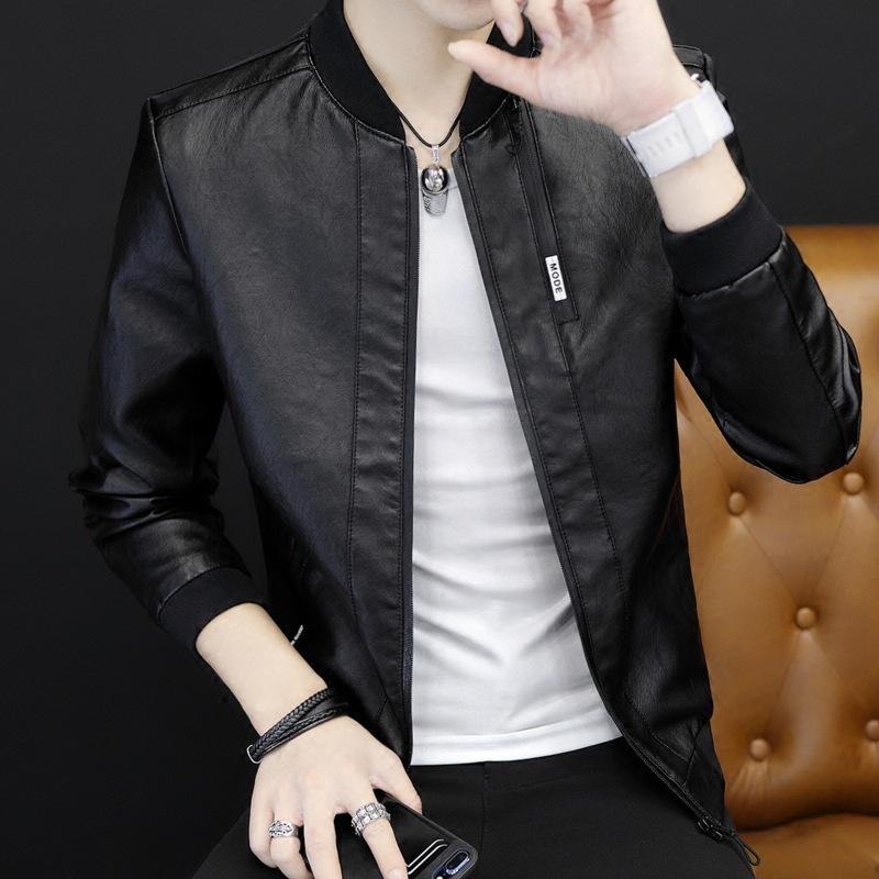 Men's Leather Jacket Men's Spring and Autumn Korean Version Slim Fit Trend Handsome Baseball Collar Locomotive Pu Leather Jacket Men