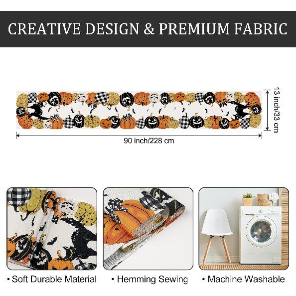 Bonhause Pumpkin Halloween Table Runner 13x60 Inch Jack-O-Lantern Black Cat Bat Spooky Kitchen Dinning Table Decoration for Fall Indoor Outdoor Home