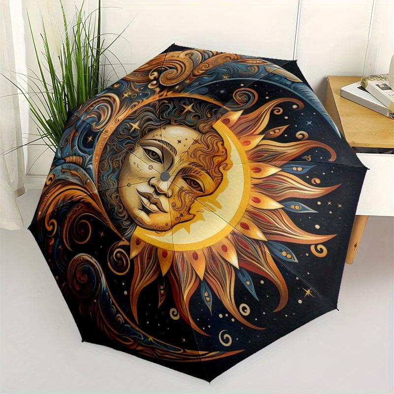 

Automatic Open/Close Umbrella - Elegant Sun & Moon Mandala Design with Golden Sun, Moon, Stars - Compact Travel Umbrella for W (as the picture,Iron&8K)