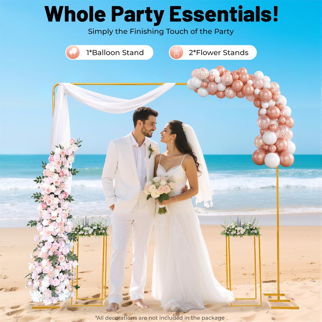 Gold Wedding Backdrop Stand Kit with 6.56FT Balloon Arch & 2 Flower Stands for Party Birthday Photo Booth Background Decor