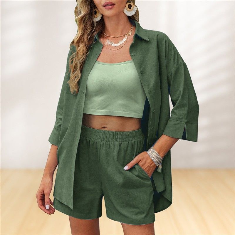 2025 European and American Solid Women Casual Loose Short Sleeve Shorts Set Casual Loose Shorts Set