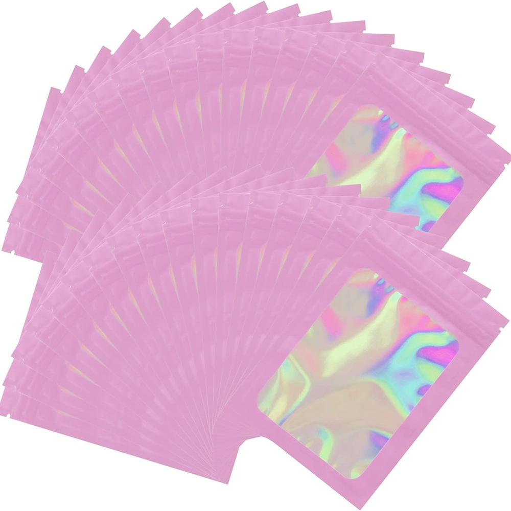 50pcs Holographic Laser Mylar Bags - Thick, Smell Proof, Zip Lock Pouch for Jewelry, Gifts, Retail Storage
