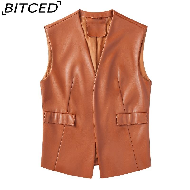 BITCED Sleeveless PU Leather Waistcoat Loose Fit Plus Size Women's Vest Cardigan Short Jacket