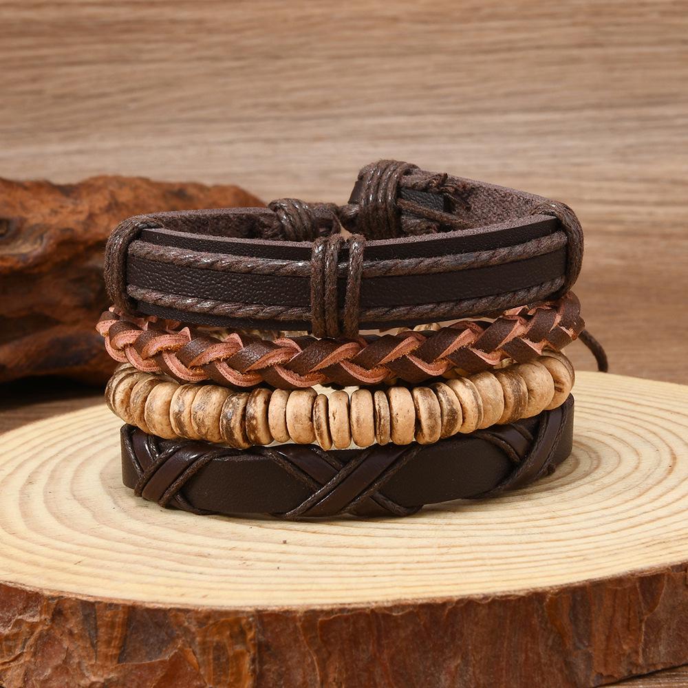 Ensemble de Bracelets pour Homme Tressés en Cuir de Coquille de Noix de Coco Rétro Européen et Américain