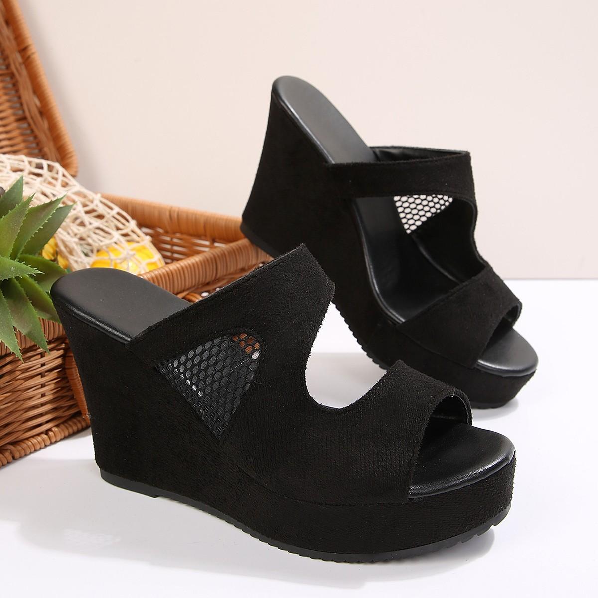Plus Size 35-43 Platform Wedges Shoes Women Slippers Summer  Cutout High Heels Slides Ladies Office Shoes Leather Slippers 35