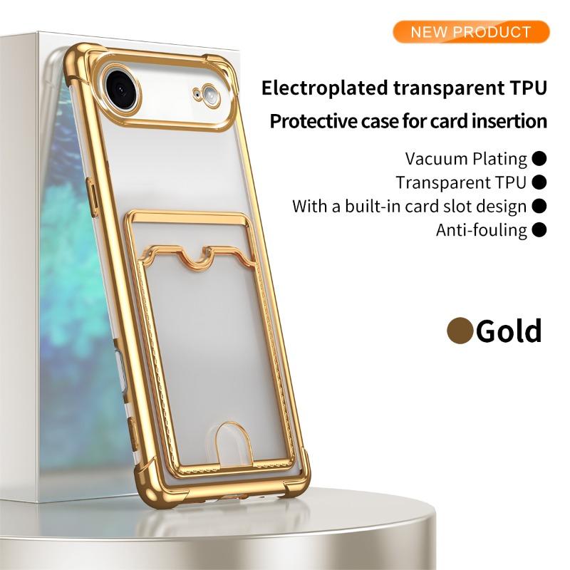 

Прозрачный противоударный чехол с покрытием для iPhone 17 Air 17 Pro Max 16 Plus 15 14 13 12 Mini 11Pro с держателем для карт-кошелька, мягкая силиконовая крышка iPhone17 Air золотой