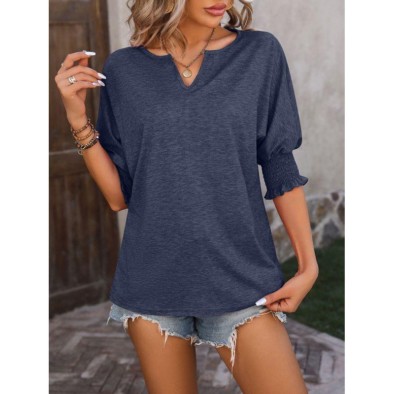 

2024 Loose V-neck Bat Sleeve Tie up T-shirt T-shirt Navy blue XL
