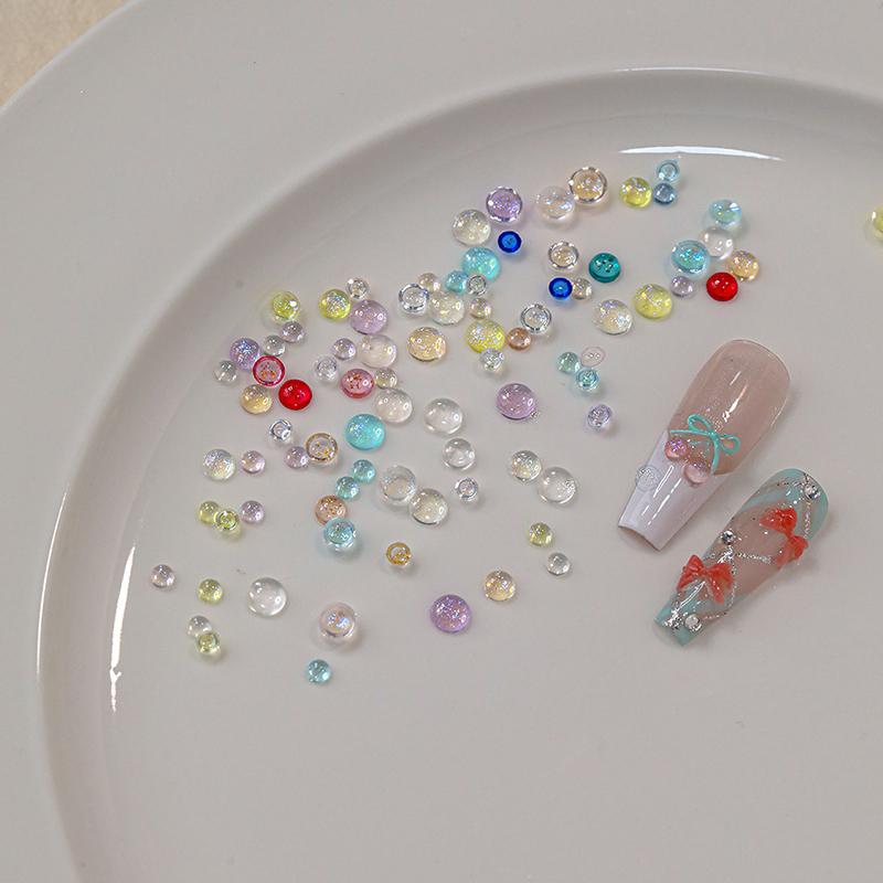 200Pcs Colorful Mermaid Bubble Bead Nail Art Accessories Flat Candy Colored Semi-Circular Diamond Nail Decoration