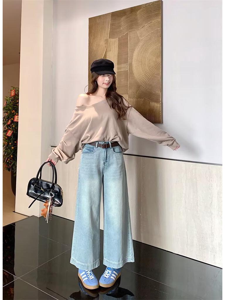 Women's Light Wide-Leg Jeans, 2025 Spring/Autumn Slimming Drapey Petite, Nine-Point Straight-Leg Pants